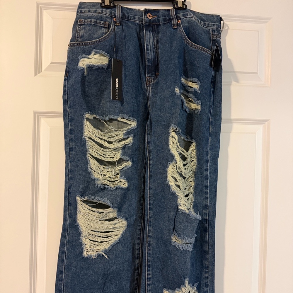 Fashion Nova Distressed Blue Straight Leg Jeans